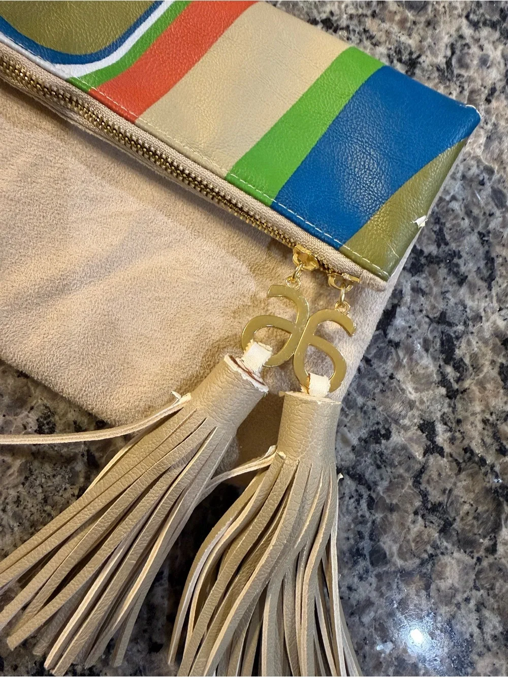 Arbonne Cream Fold-Over Clutch with Multicolor Stripe Accent